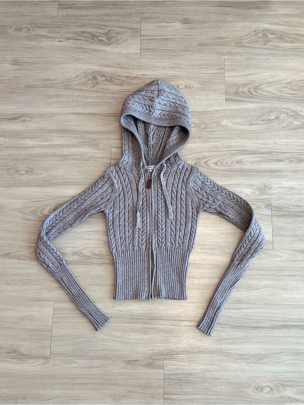Frankies Bikinis Aimee Cable Knit Hoodie Sweater Cardigan in Dark Pearl Taupe